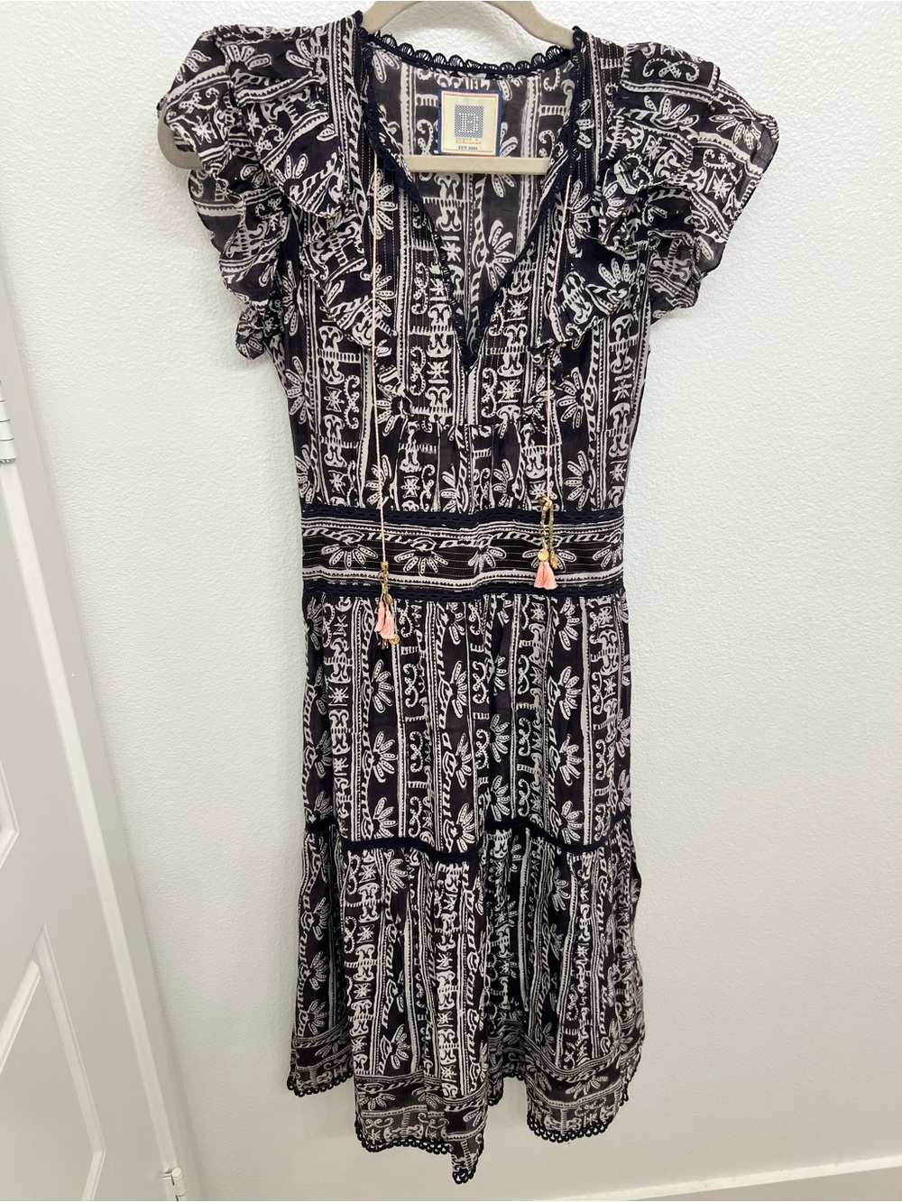 BELL Black Floral-Print Midi Dress with Tassel Tie